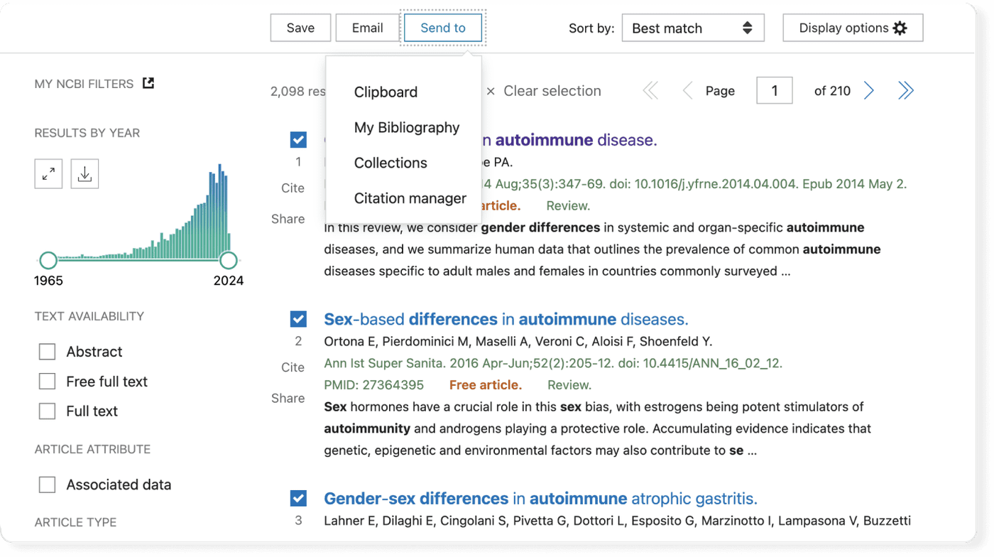 PubMed export button on search results page